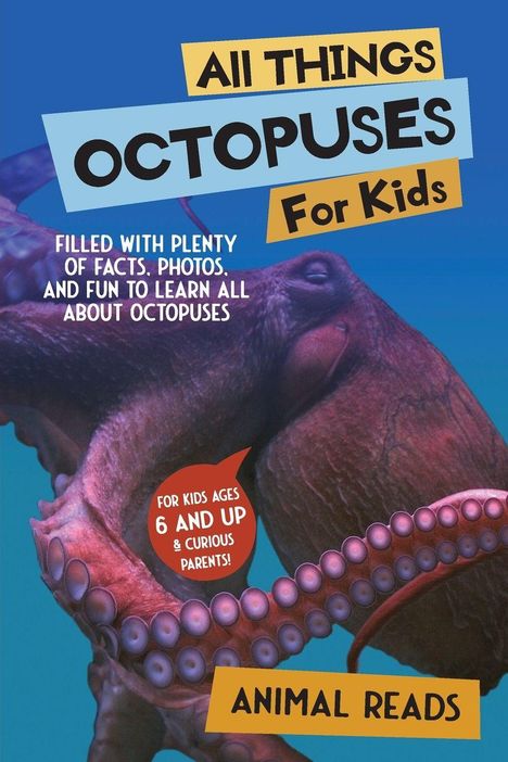"All Things Octopuses For Kids" steht auf buntem Hintergrund. Ein Oktopus ist prominent abgebildet.
