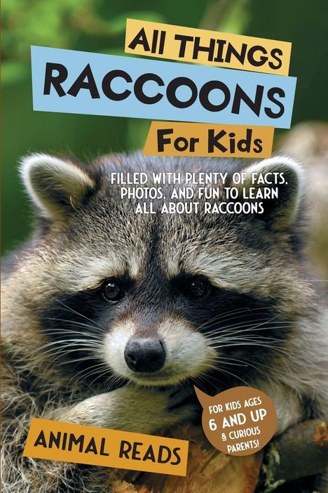 Titel "All Things Raccoons For Kids". Enthält Fakten und Spaß über Waschbären. Ein neugieriger Waschbär blickt direkt.
