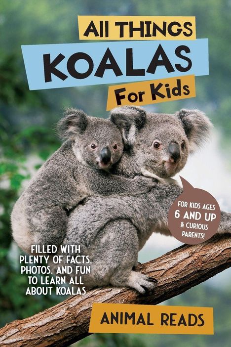 "All Things Koalas For Kids" steht auf einem Buchcover mit zwei Koalas auf einem Baum. Weitere Texte erwähnen Kinder und Eltern.