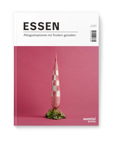Titel "ESSEN", Untertitel "Alltagssituationen mit Kindern gestalten". Ein Rübe in Schachbrettmuster auf rosa Hintergrund.