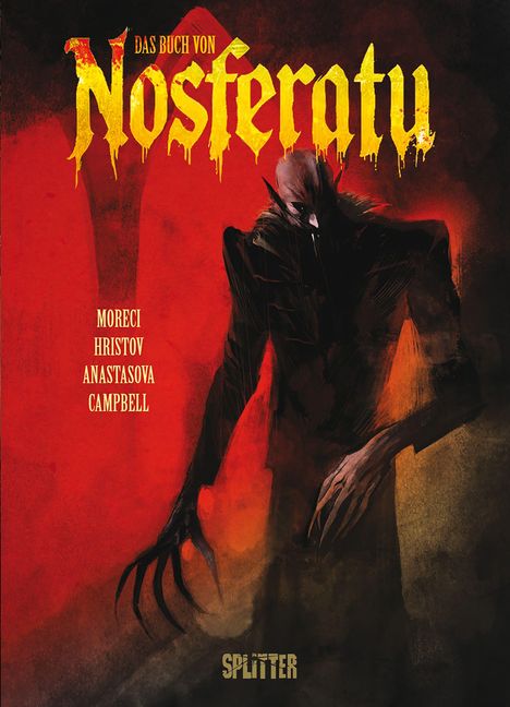 „Das Buch von Nosferatu“ oben, Autorenlinks. Illustration: Vampir mit langen Klauen auf rotem Hintergrund.