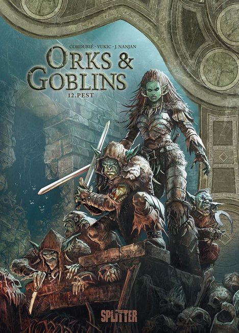 "Orks & Goblins 12. Pest". Bedrohliche Figuren mit Waffen in einer mittelalterlichen Umgebung.