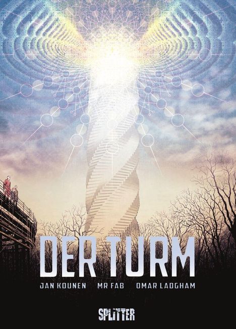 "DER TURM" unten, Autoren "Jan Kounen, Mr Fab, Omar Ladgham", Logo "Splitter". Illustration: Spiralförmiger Turm, leuchtend.