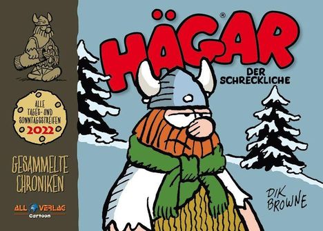 "Hägar der Schreckliche" und "Gesammelte Chroniken". Wikinger mit Helm, rotem Bart und grünem Schal vor verschneiten Bäumen.