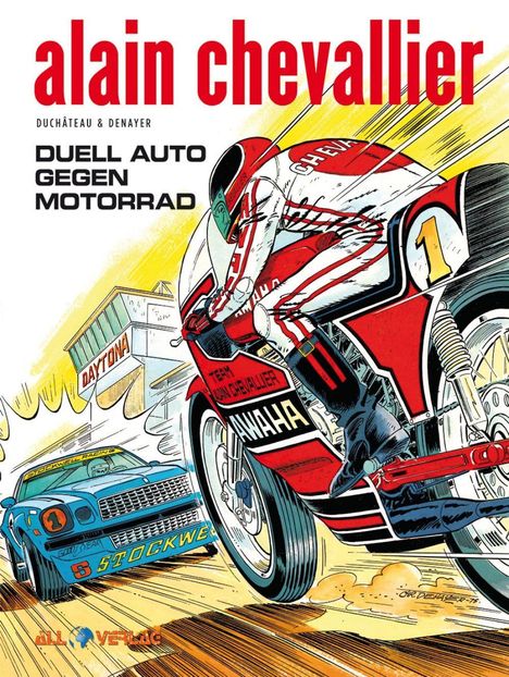 Titel: "alain chevalier"; Untertitel: "DUELL AUTO GEGEN MOTORRAD". Illustration zeigt Motorradfahrer neben Rennwagen.