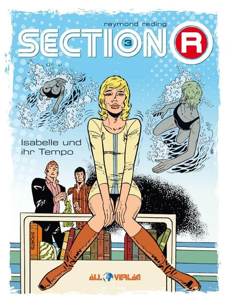 Text: "Section R", "Isabelle und ihr Tempo". Illustration: Frau sitzt auf Bücherregal, Figuren schwimmen im Hintergrund.