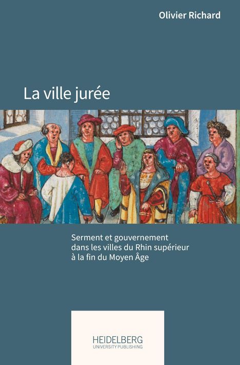 "La ville jurée" von Olivier Richard. Illustration: Gruppe mittelalterlich gekleideter Menschen in einem Innenraum. Logo: HEIDELBERG.