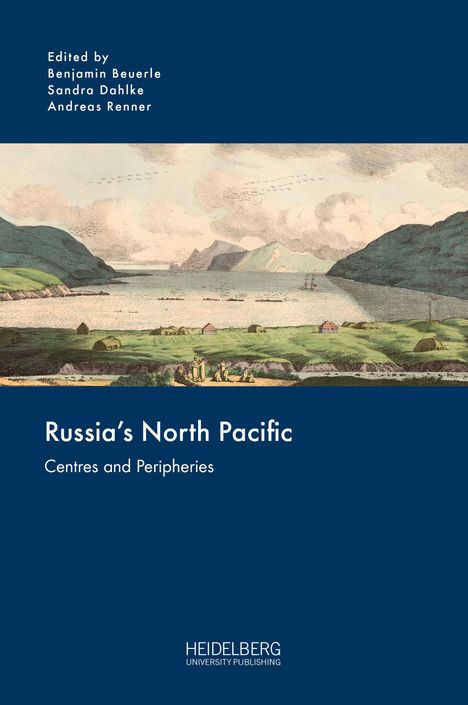 "Russia's North Pacific: Centres and Peripheries." Landschaftsillustration mit Bergen, Meer und Gebäuden im Hintergrund.
