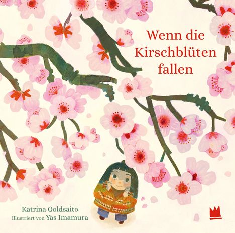 „Wenn die Kirschblüten fallen“ in roter Schrift. Illustration von rosa Blüten mit einem lächelnden Kind darunter.