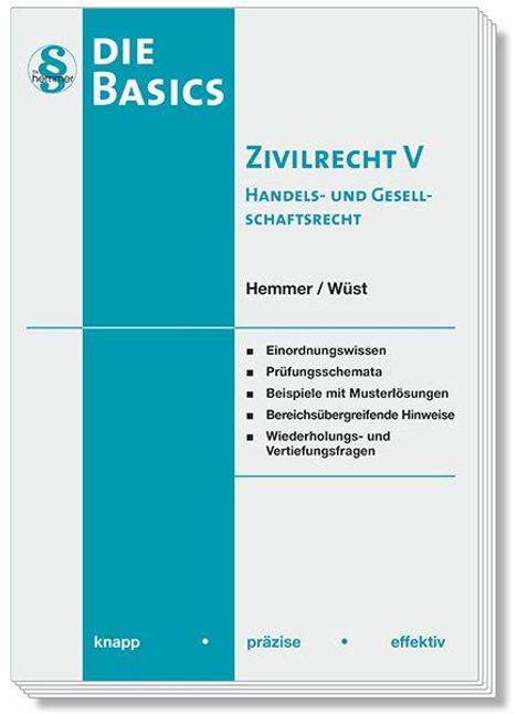 Oben links: "DIE BASICS". Rechts: "Zivilrecht V, Handels- und Gesellschaftsrecht", Autoren: Hemmer/Wüst. Bulletpoints darunter.