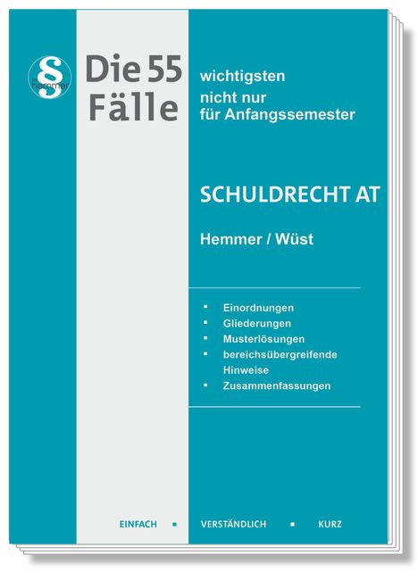 Text: "Die 55 Fälle, SCHULDRECHT AT, Hemmer/Wüst". Türkisfarbenes Cover, klares Layout, Logo links oben.