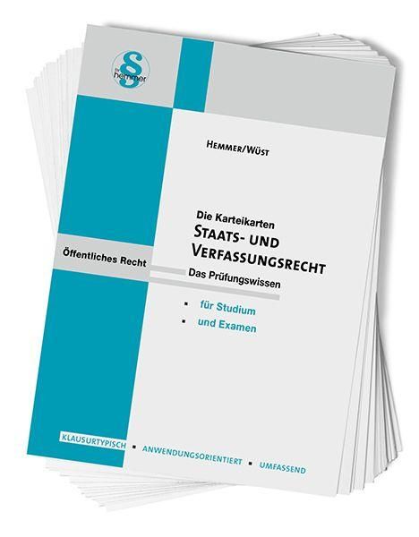 Text: "Öffentliches Recht. Die Karteikarten Staats- und Verfassungsrecht. Für Studium und Examen." Stapel Karteikarten.