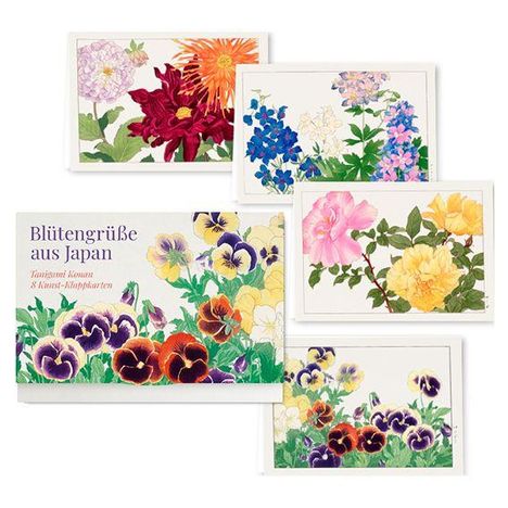 "Blütengrüße aus Japan" und "Tanigami Konan 8 Kunst-Klappkarten". Karten mit bunten Blumenillustrationen.