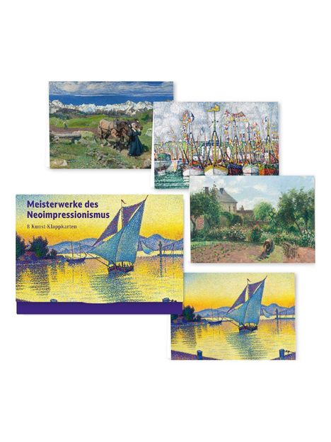 „Meisterwerke des Neoimpressionismus, 8 Kunst-Klappkarten.“ Gemälde mit Landschaften und Booten in lebendigen Farben.