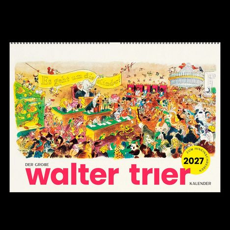 "Es geht um die Kinder!" steht auf einem gelben Banner. Darunter bunte Tierillustrationen in einem vollen, lebendigen Raum.