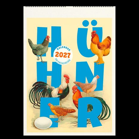 "Hühner Kalender 2027 zum Hineinschreiben" in blauen Buchstaben mit Hühner-Illustrationen, ein Ei ist auch zu sehen.
