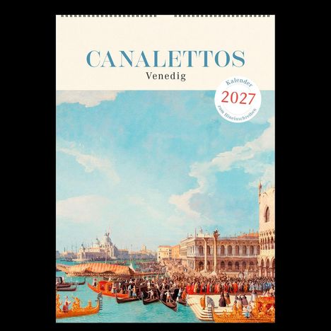 „CANALETTOS Venedig“ und „Kalender 2027 zum Hineinschreiben“. Illustration zeigt Venedig mit vielen Gondeln und Menschen.