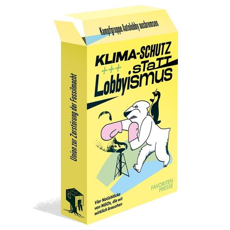 Auf einem gelben Karton steht in großen Buchstaben: "KLIMA-SCHUTZ statt Lobbyismus". Illustration: Ein kämpfender Eisbär.