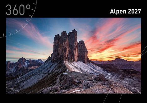 Text: "360° Alpen 2027". Eine dramatische Berglandschaft bei Sonnenuntergang mit rötlich-violettem Himmel und schneebedeckten Gipfeln.