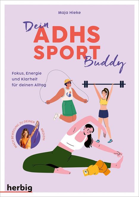 Titel: "Dein ADHS SPORT Buddy". Illustrationen von Personen beim Sport, Hanteln und Springseil.