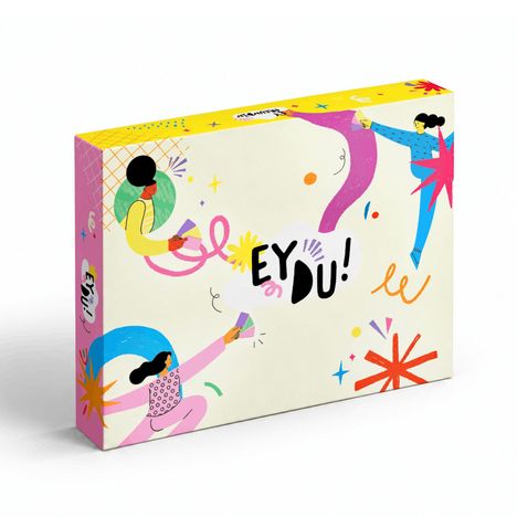 Text "EY DU!" in großen Buchstaben. Illustrationen von fröhlichen Personen, die bunte Muster und Formen umgeben.