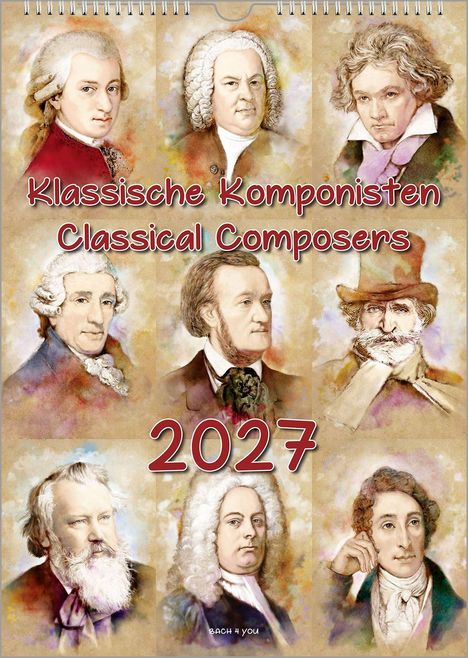 "Klassische Komponisten Classical Composers 2027" steht auf einem Kalender mit Illustrationen berühmter Komponisten.