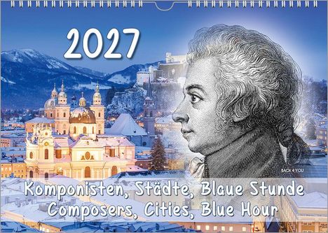 2027, Komponisten, Städte, Blaue Stunde, Composers, Cities, Blue Hour. Illustration eines Komponistenkopfes vor Winterlandschaft.