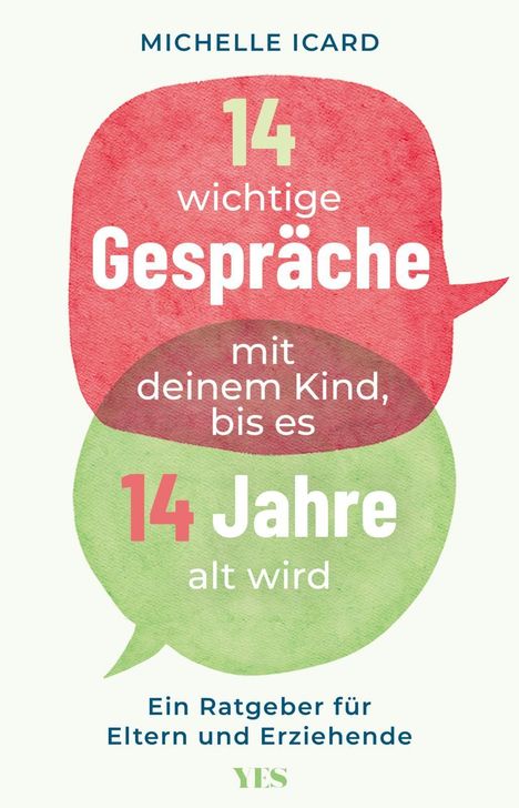 Text: "14 wichtige Gespräche mit deinem Kind, bis es 14 Jahre alt wird." Illustration mit zwei Sprechblasen.