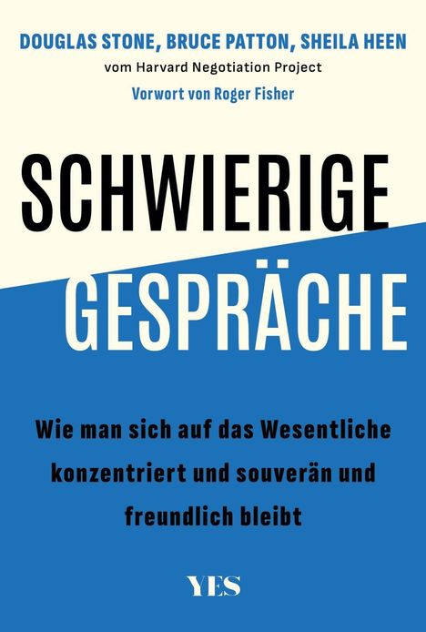 „SCHWIERIGE GESPRÄCHE“ oben in Schwarz-Weiß, Autorenname und Vorwort in Blau, unterem Teil Blau mit weißem "YES".