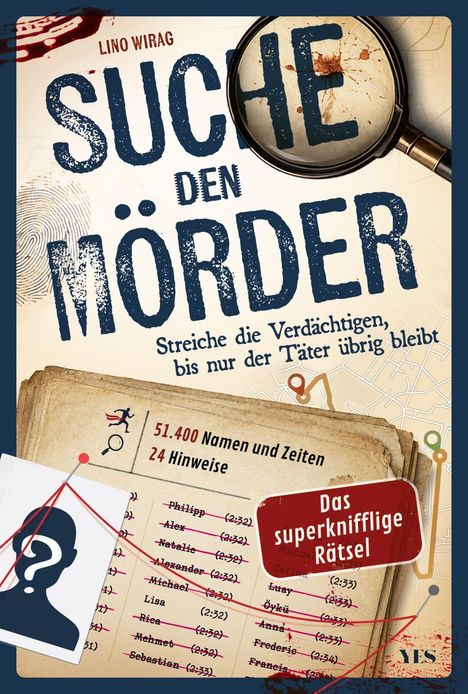 Titel "Suche den Mörder". Text: "Streiche die Verdächtigen", "51.400 Namen", "24 Hinweise". Illustration mit Lupe.