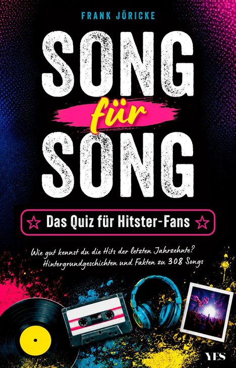 Buchcover mit Text: "Song für Song – Das Quiz für Hitster-Fans." Bild von Schallplatte, Kassette, Kopfhörern und Konzertfoto.