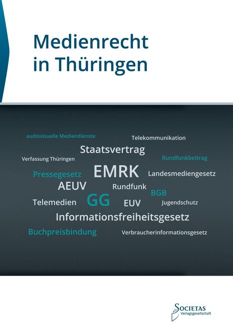 "Medienrecht in Thüringen" steht oben. Darunter Begriffe wie "EMRK", "Staatsvertrag", und "Informationsfreiheitsgesetz". Unten Logo.