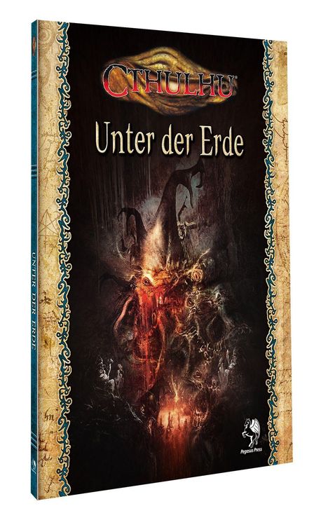 „Cthulhu: Unter der Erde“. Fantasievolle, düstere Illustration einer Kreatur und Menschen, dekorativer Rahmen.