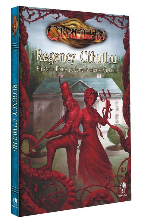Text: "Regency Cthulhu: Finstere Pläne in Jane Austens England". Illustration: Zwei Figuren in Rot, umgeben von Tentakeln.