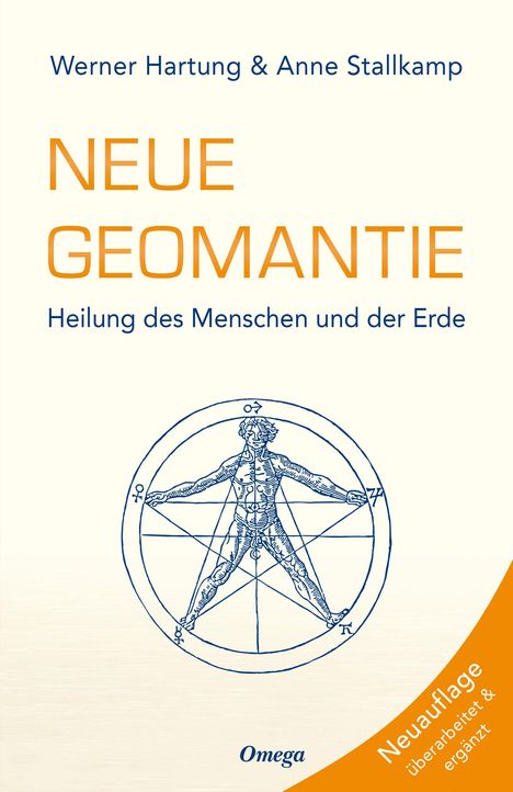 "NEUE GEOMANTIE" mit Untertitel "Heilung des Menschen und der Erde". Illustration von Mensch in geometrischer Form.