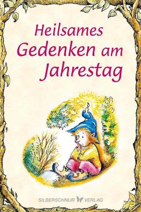 „Heilsames Gedenken am Jahrestag“ in pinker Schrift. Illustration: Person mit Hut, Kerze, umgeben von Bäumen.