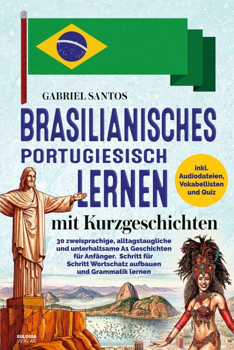 Der Text nennt: "Brasilianisches Portugiesisch lernen". Sie zeigt die Christusstatue und eine tanzende Frau vor der Skyline von Rio.