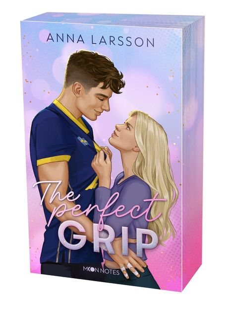„Anna Larsson“, „The perfect grip“, „Moon Notes“. Illustration eines Paares in romantischer Pose vor buntem Hintergrund.