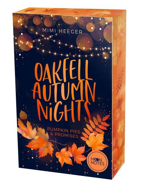 "Oakfell Autumn Nights", "Pumpkin Pies & Promises", "Mimi Heeger", "Moon Notes". Illustration mit Herbstblättern und Lichterketten.