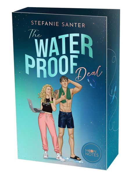 Text: STEFANIE SANTER, The WATER PROOF Deal. Illustration: Frau mit Laptop, Mann mit Handtuch. Logo: MOON NOTES.