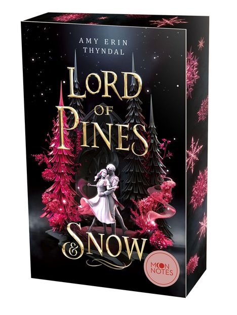 Buchtitel: "Lord of Pines & Snow" von Amy Erin Thyndal. Paar tanzt vor schwarzen und rosafarbenen Tannenbäumen.