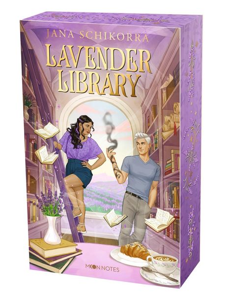 "Lavender Library" von Jana Schikorra. Eine Illustration zeigt zwei Personen in einer Bibliothek mit schwebenden Büchern.