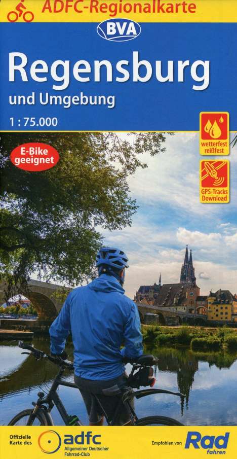 ADFC-Regionalkarte Regensburg und Umgebung, 1:75.000, mit Tagestourenvorschlägen, reiß- und wetterfest, E-Bike-geeignet, GPS-Tracks Download, Karten