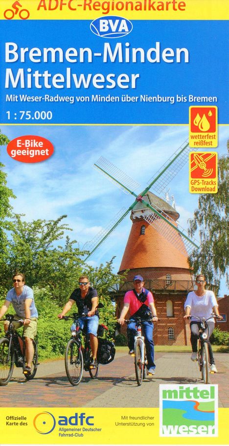 ADFC-Regionalkarte Bremen-Minden Mittelweser, 1:75.000, mit Tagestourenvorschlägen, reiß- und wetterfest, E-Bike-geeignet, GPS-Tracks Download, Karten