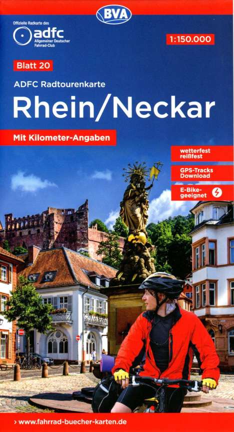 ADFC-Radtourenkarte 20 Rhein /Neckar 1:150.000, reiß- und wetterfest, E-Bike geeignet, GPS-Tracks Download, mit Bett+Bike Symbolen, mit Kilometer-Angaben, Karten