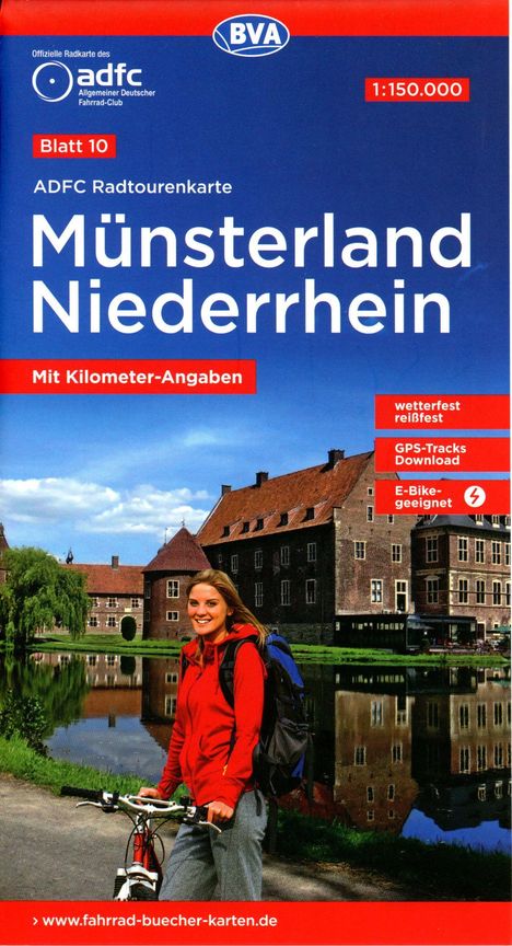 ADFC-Radtourenkarte 10 Münsterland Niederrhein 1:150.000, reiß- und wetterfest, E-Bike geeignet, GPS-Tracks Download, mit Bett+Bike-Symbolen, mit Kilometer-Angaben, Karten