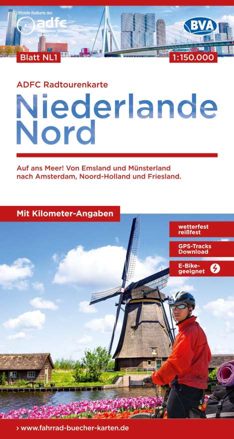 ADFC-Radtourenkarte NL 1 Niederlande Nord 1:150.000, reiß- und wetterfest, E-Bike geeignet, GPS-Tracks Download, mit Knotenpunkten, mit Bett+Bike Symbolen, mit Kilometer-Angaben, Karten
