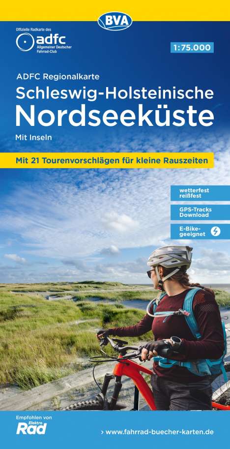 ADFC-Regionalkarte Schleswig-Holsteinische Nordseeküste mit Inseln, 1:75.000, mit Tagestourenvorschlägen, reiß- und wetterfest, E-Bike-geeignet, GPS-Tracks Download, Karten
