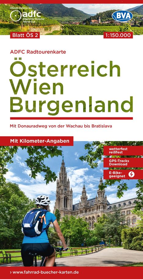 ADFC-Radtourenkarte ÖS2 Österreich Wien Burgenland 1:150:000, reiß- und wetterfest, E-Bike geeignet, GPS-Tracks Download, mit Bett+Bike Symbolen, mit Kilometer-Angaben, Karten