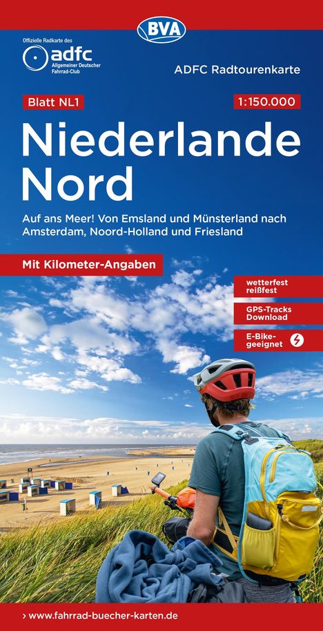 ADFC-Radtourenkarte NL 1 Niederlande Nord 1:150.000, reiß- und wetterfest, E-Bike geeignet, GPS-Tracks Download, mit Knotenpunkten, mit Bett+Bike Symbolen, mit Kilometer-Angaben, Karten